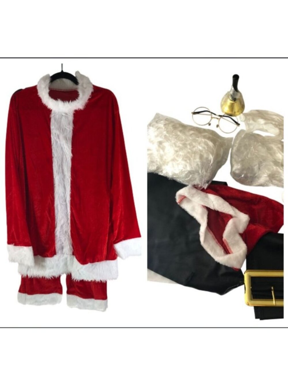 Santa Claus Costume Set Jacket Pants Hat Belt Beard Glasses & Accessories XXL